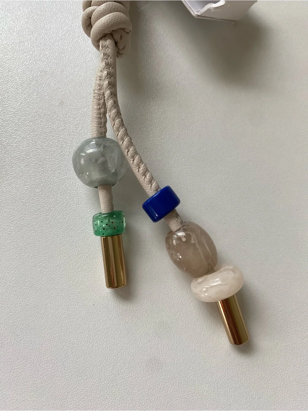 NWT Madewell Ivory Braided Leather Bag Charm with Blue and Green Beads
